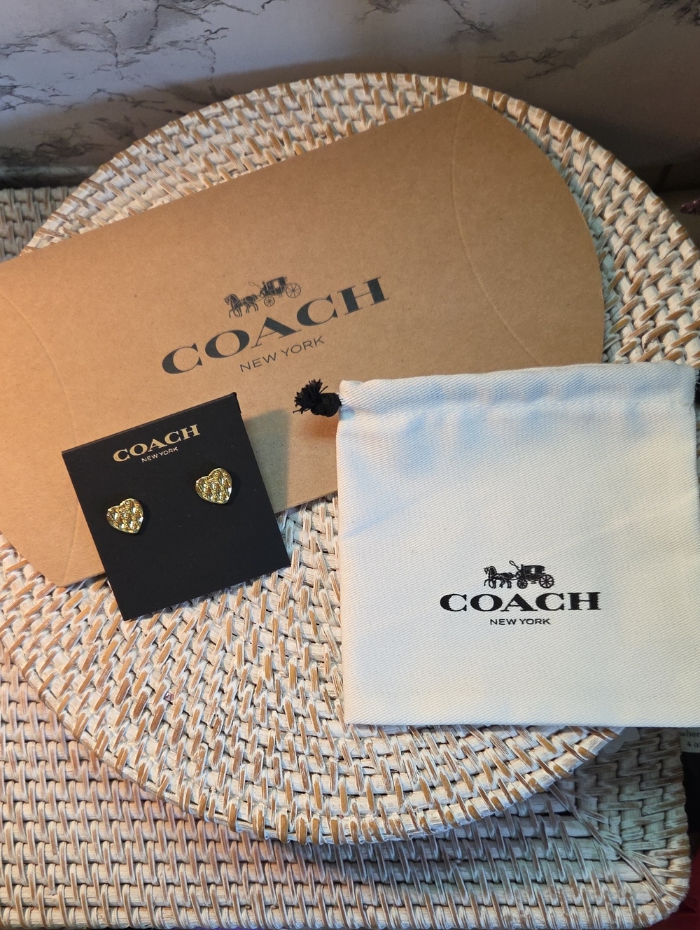 COACH Authentic Gold Heart Stud Earrings + CARD & POUCH [FULL INCLUSION] NWT!